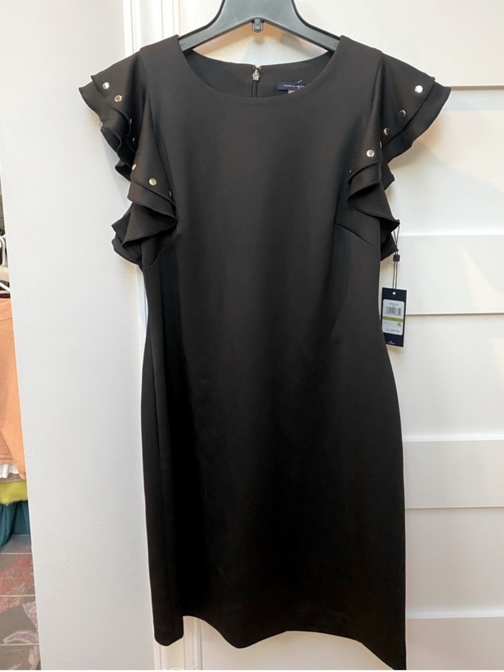 NWT Tommy Hilfiger Black Ruffle Sleeve Scuba Dress with Stud Details